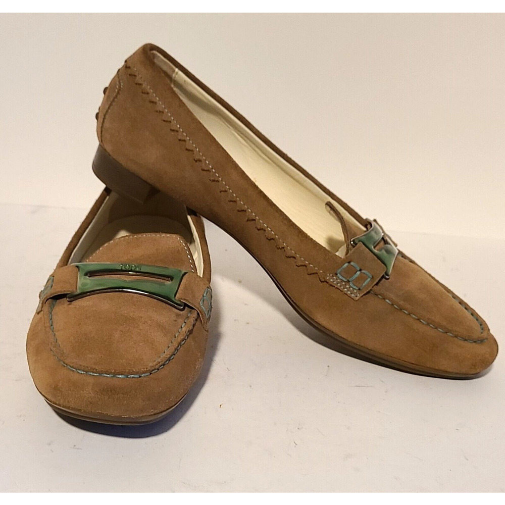 TOD'S BEIGE SUEDE DRIVING SLIP ON LOAFERS SHOES ENAMEL BIT Women’s Sz 8 ITALY